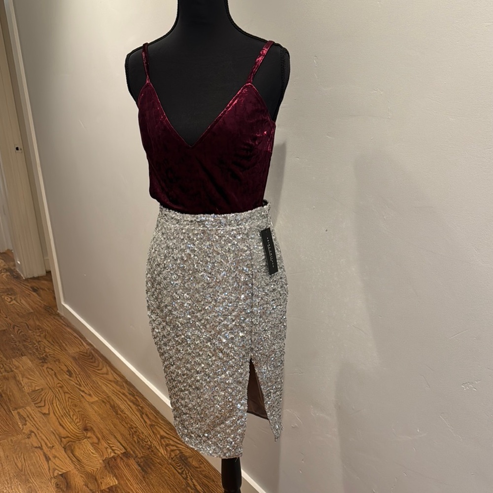 AKIRA Black and White Asymmetrical Midi Skirt